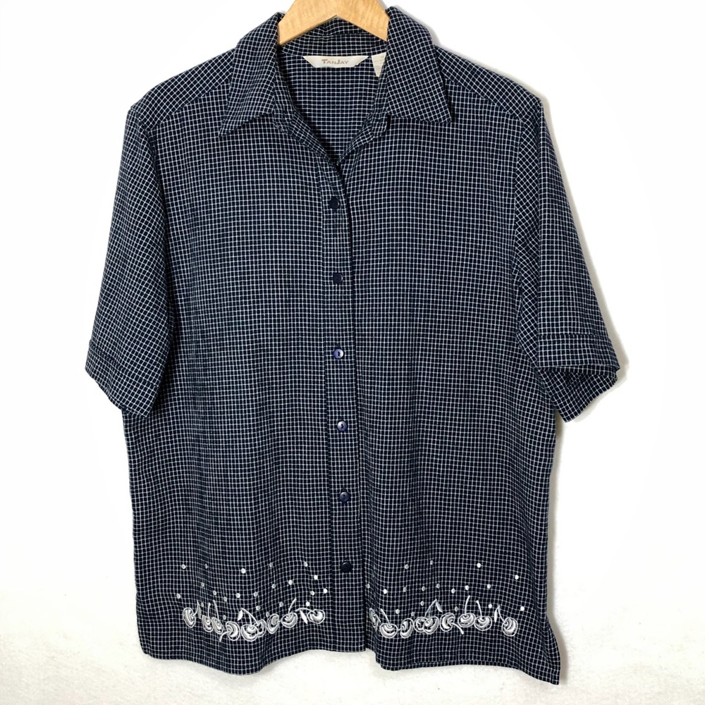 Tanjay Womens Vintage Embroidered Cherry Gingham Button Down Shirt